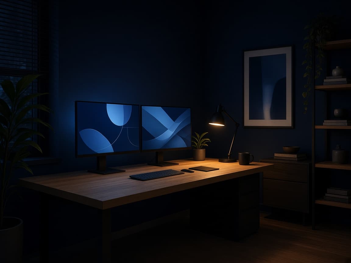 A dim studio desk with monitors glowing blue